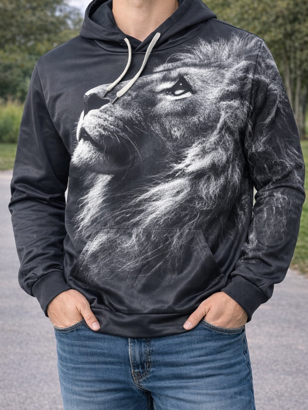 Source Unknown Black Hoodie with Large White Lion Graphic